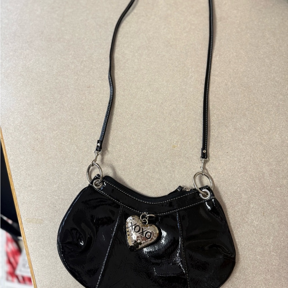 XOXO Glossy Black Shoulder Bag with Heart Charm